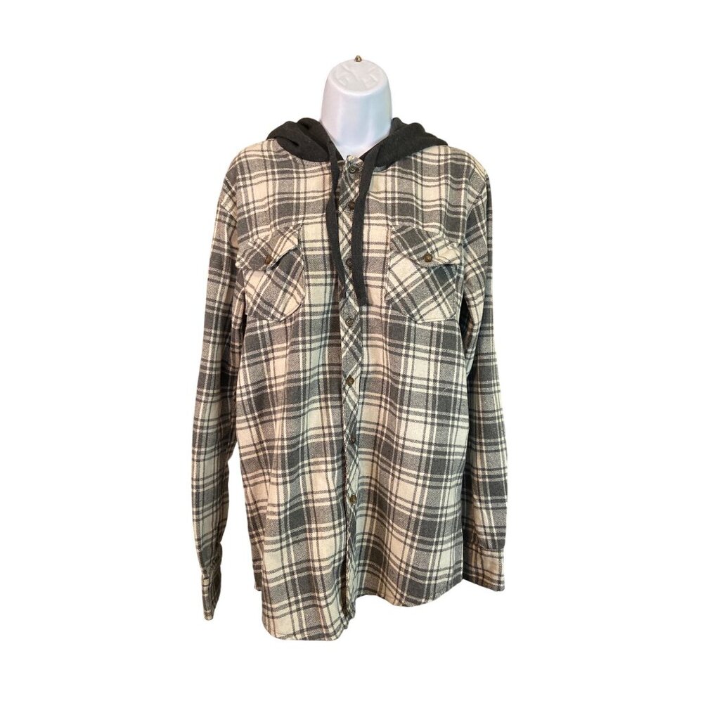 Blue Gear Flannel Shirt Gray Medium Hooded Linen Blend Plaid Relaxed Gorpcore